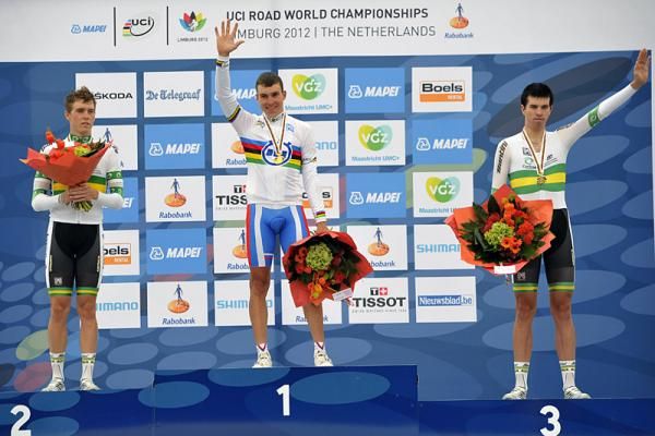2012 U23 men's time trial Worlds podium (L-R): Rohan Dennis (Australia), Anton Vorobyev (Russian Federation) and Damien Howson (Australia)