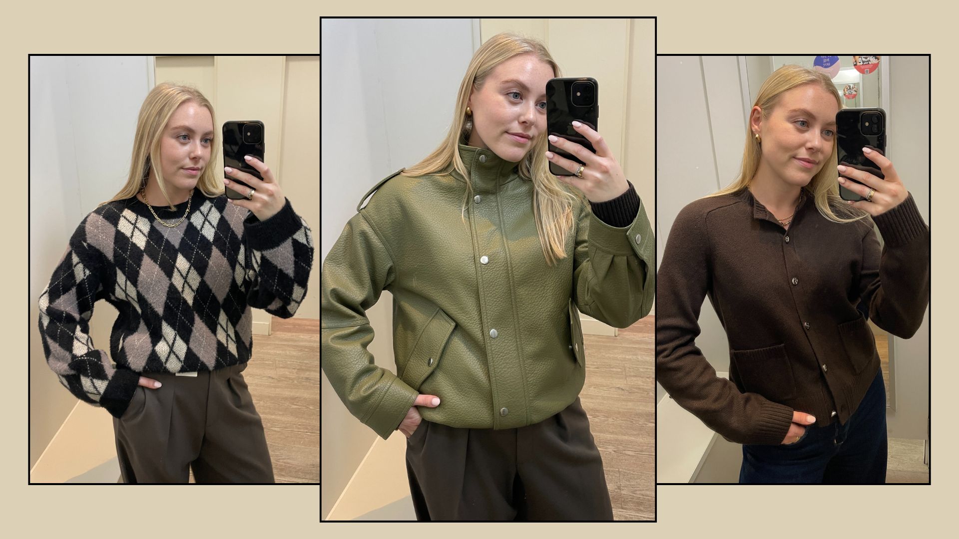 Woman wears argyle knit; woman wears green bomber jacket; woman wears brown cardign