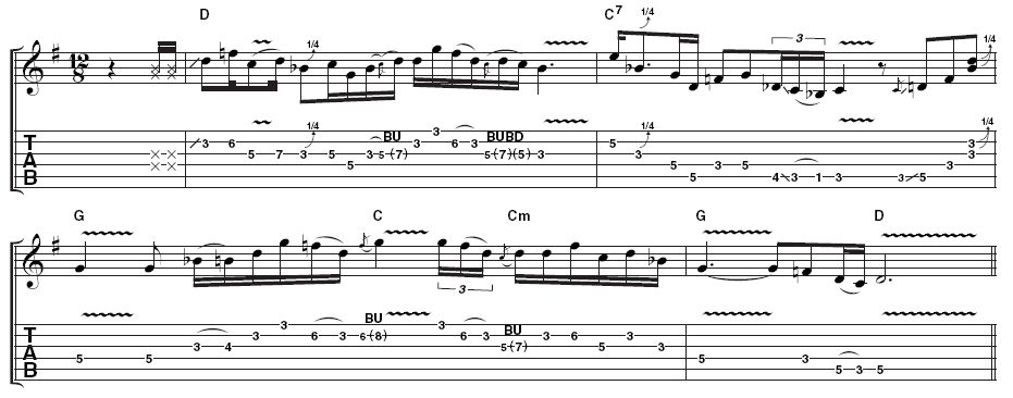 Example 4: Syncopated phrasing like this can be heard at the end of Stevie's solo in Crossfire, and is a very important part of his style. It takes time to develop the confidence to dance across the beat in this way, but once you've locked in to the timing, it's a really useful way to make your phrasing more interesting. Milk those string bends!