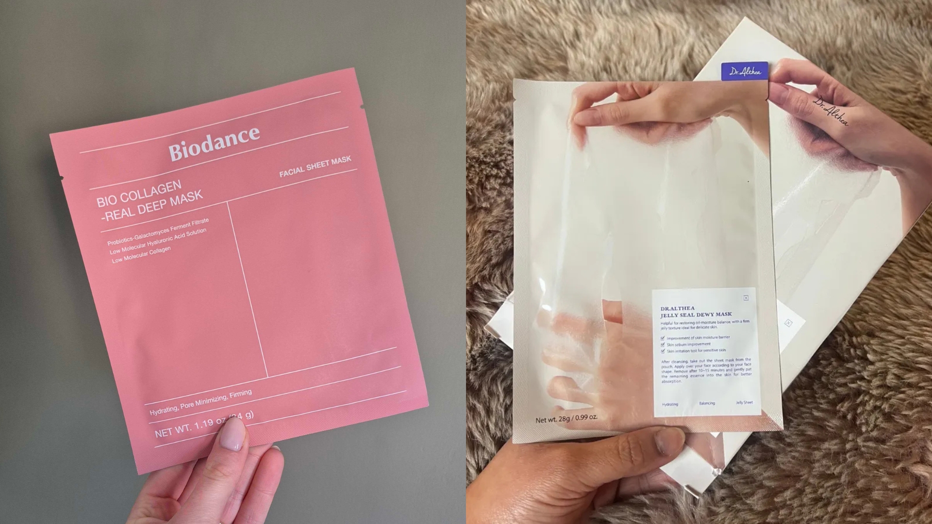 On the left, Naomi holding the pink Biodance face mask, and on the right, Aleesha holding the Dr.Althea face mask