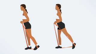 an illo of a woman doing glute kickbacks with a resistance band