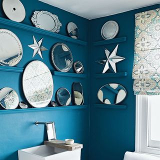 bathroom with blue wall and mirror display
