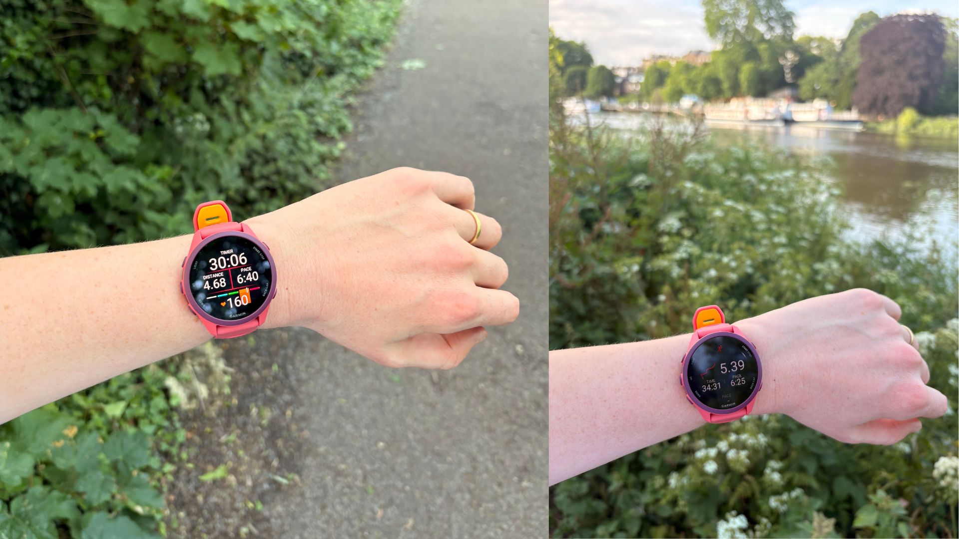 Grace Walsh wearing the Garmin Forerunner 170 Music on easy run along river path