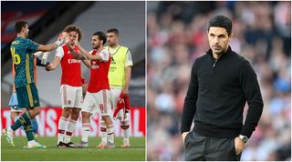 LONDON, ENGLAND - JULY 18: Emiliano Martinez and Dani Ceballos of Arsenal celebrate following the FA Cup Semi Final match between Arsenal and Manchester City at Wembley Stadium on July 18, 2020 in London, England. Football Stadiums around Europe remain empty due to the Coronavirus Pandemic as Government social distancing laws prohibit fans inside venues resulting in all fixtures being played behind closed doors. (Photo by Matthew Childs/Pool via Getty Images)