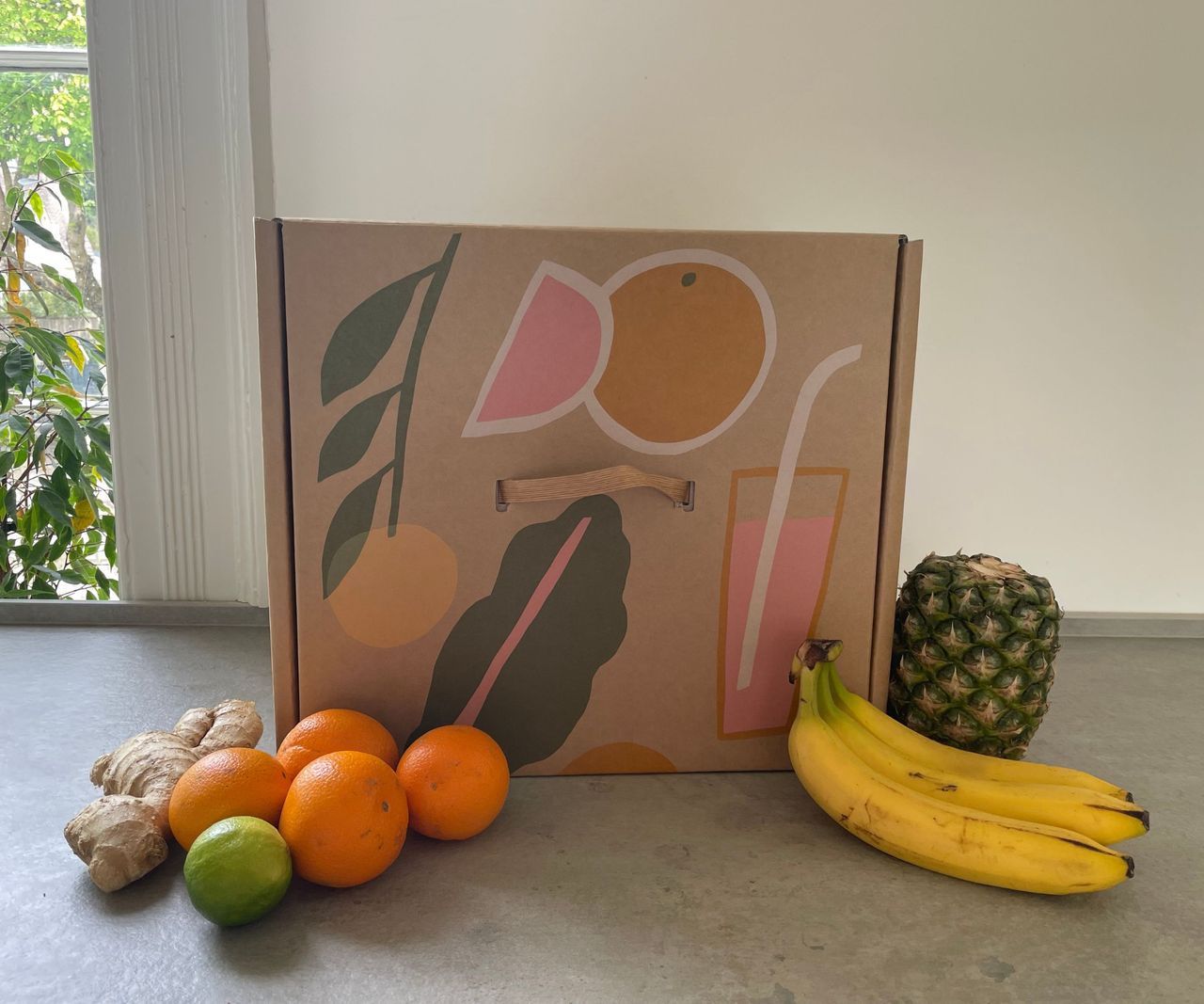 Nama J3 Juicer box on a grey countertop with oranges, ginger, a lime, some bananas, and a pineapple around it.