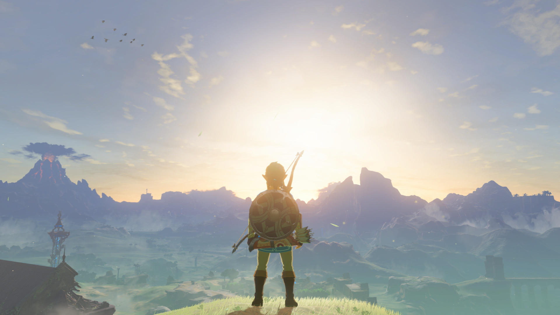 In the Legend of Zelda: Breath of the Wild, Link looks out over the expansive landscape of Hyrule