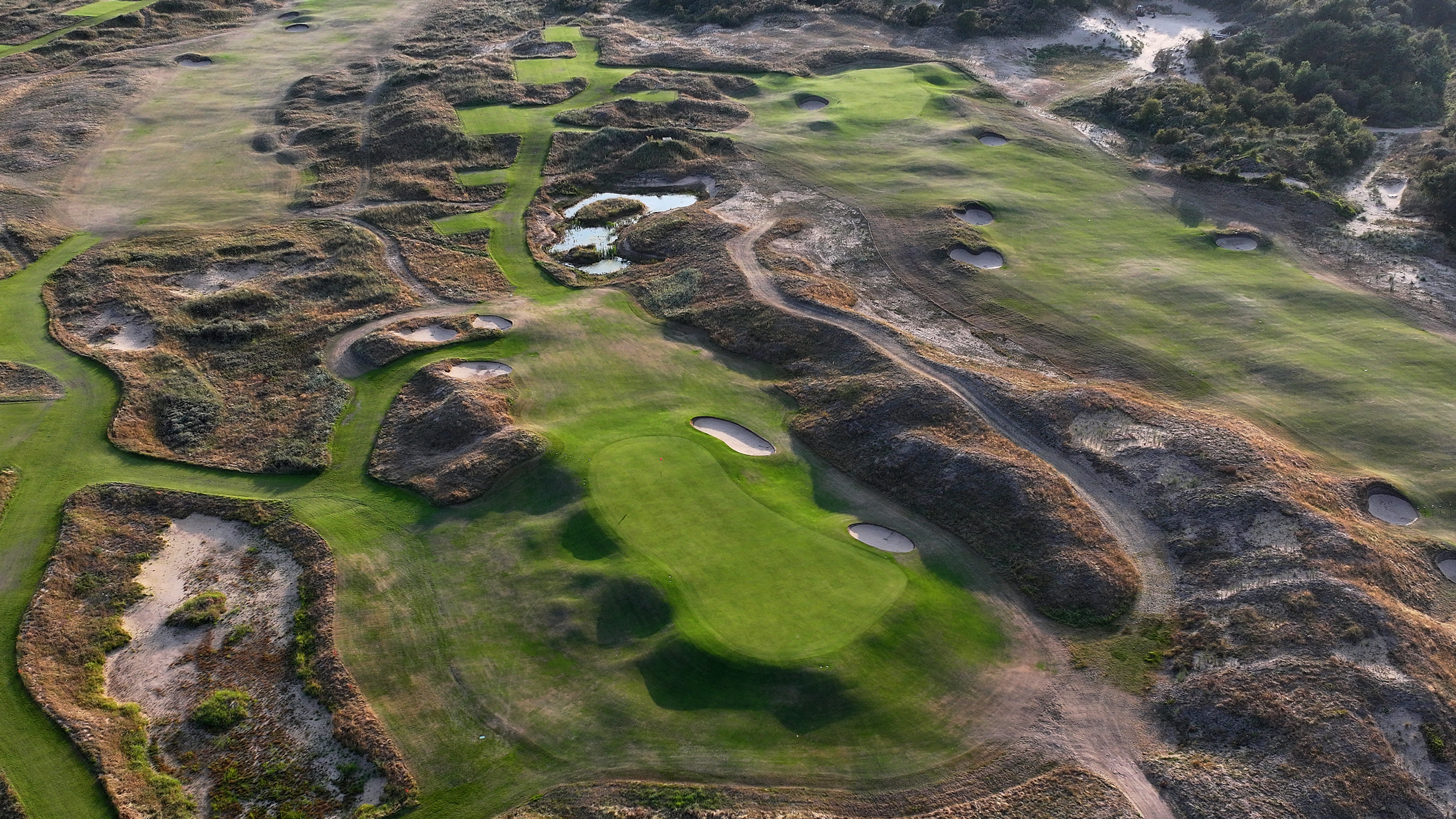 An aerial view looking back down the par 3 15th at Royal Birkdale