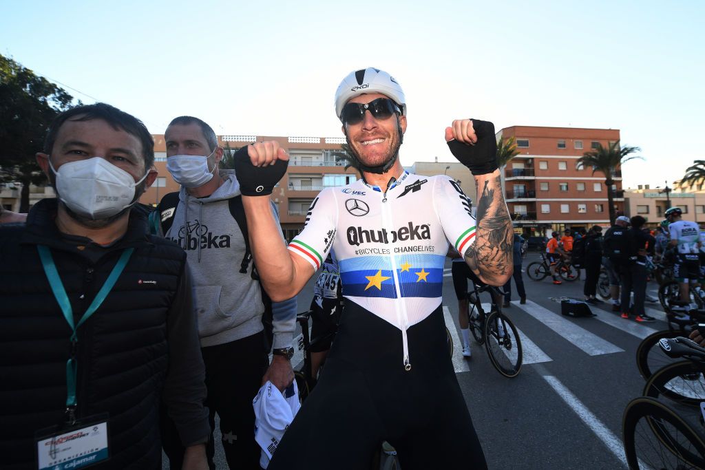 ROQUETAS DE MAR SPAIN FEBRUARY 14 Arrival Giacomo Nizzolo of Italy and Team Team Qhubeka Assos Celebration during the 34th Clsica de Almeria 2021 a 1833km race from Pueblo de Vicar to Roquetas de Mar ClasicaAlmeria21 on February 14 2021 in Roquetas de Mar Spain Photo by Tim de WaeleGetty Images