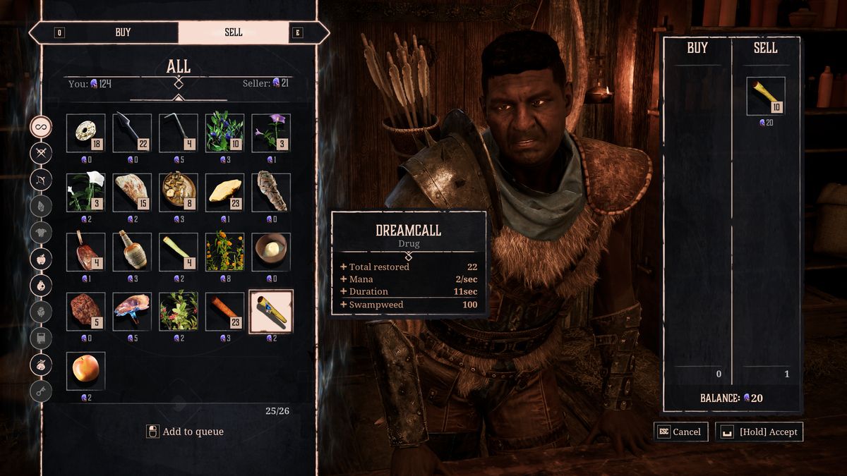 Gothic Remake New Camp: A player selling swampweed to a merchant.