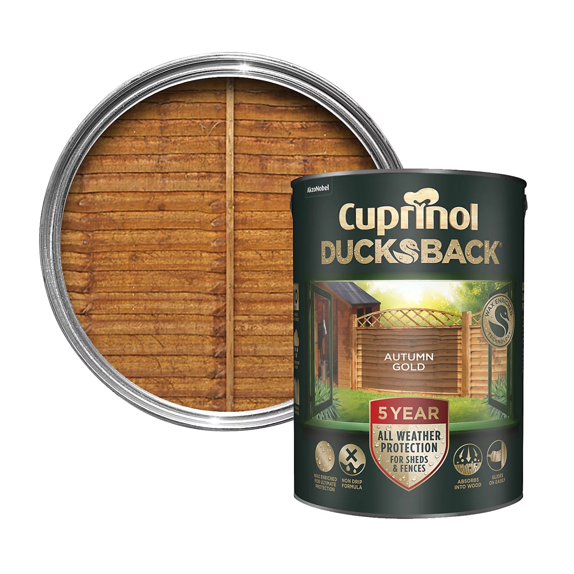 Cuprinol , Ducksback Autumn Gold Multi-Surface Exterior Shed and Fence Treatment Wood Paint, 5L