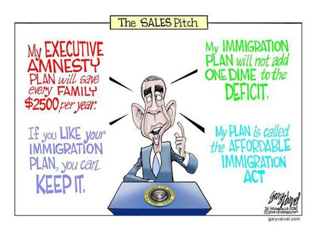 Obama cartoon immigration plan sales pitch