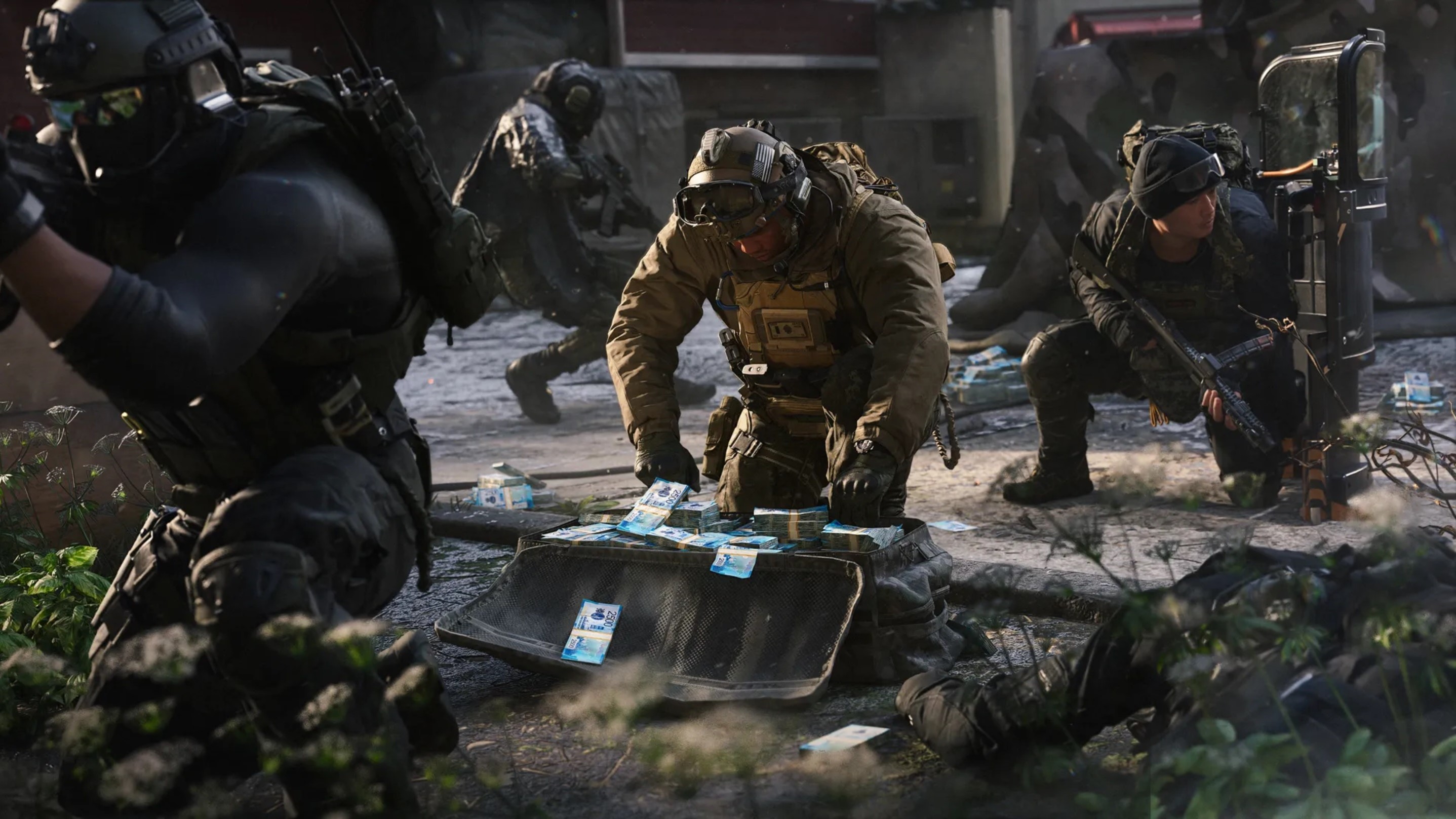 Surrounded by squadmates, a soldier kneels over a bag overflowing with cash.