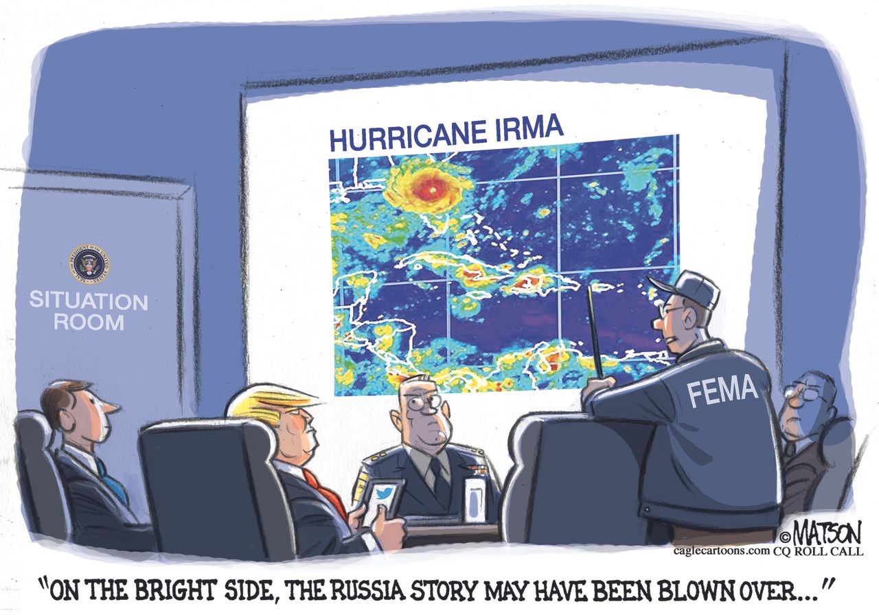 Political cartoon U.S. Trump White House forecast FEMA Russia news