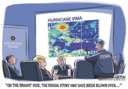 Political cartoon U.S. Trump White House forecast FEMA Russia news