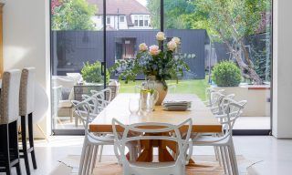 dining table with flower vase