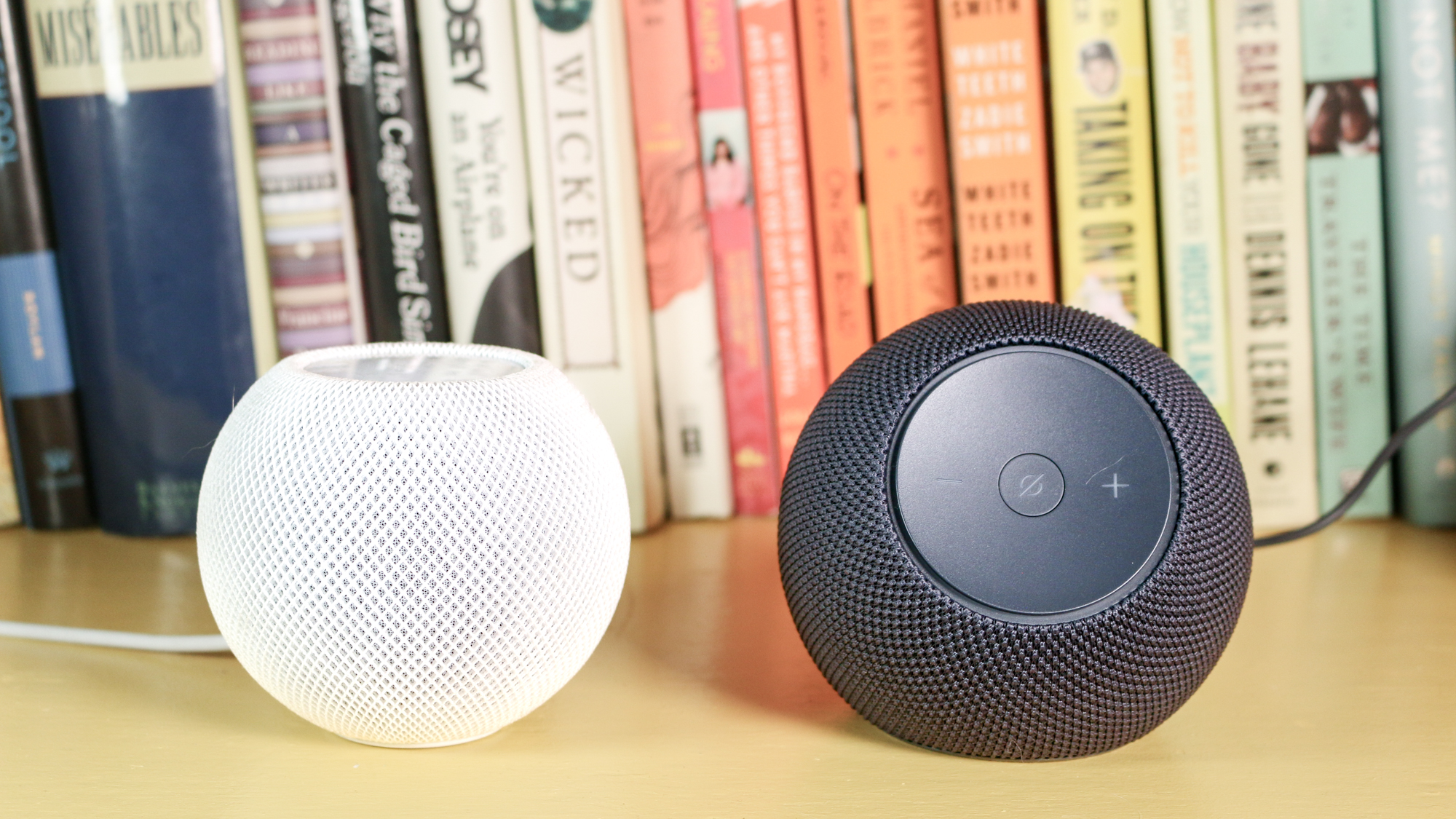 Apple HomePod mini and Echo Dot Max side by side on a book shelf