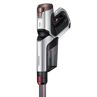 samsung cordless vacuum cleaner with silver/black body and red triggers