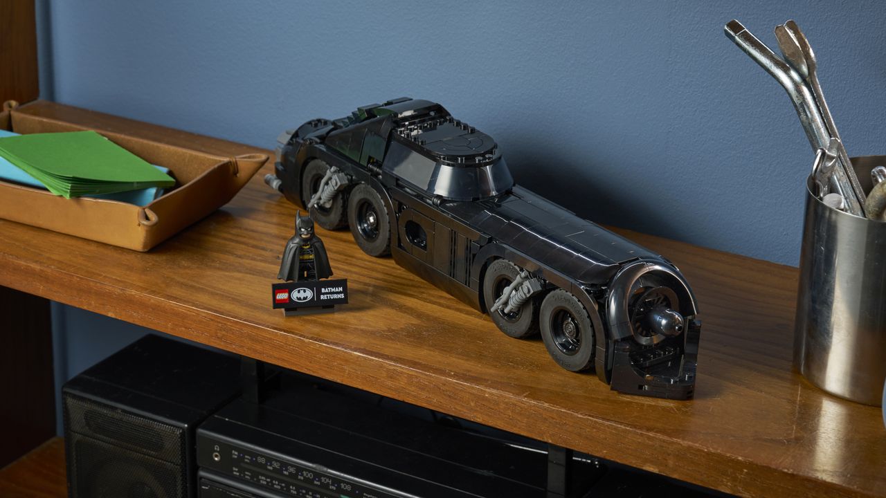 Lego Batman Returns Batmobile 'Batmissle' mode and minifigure on a shelf