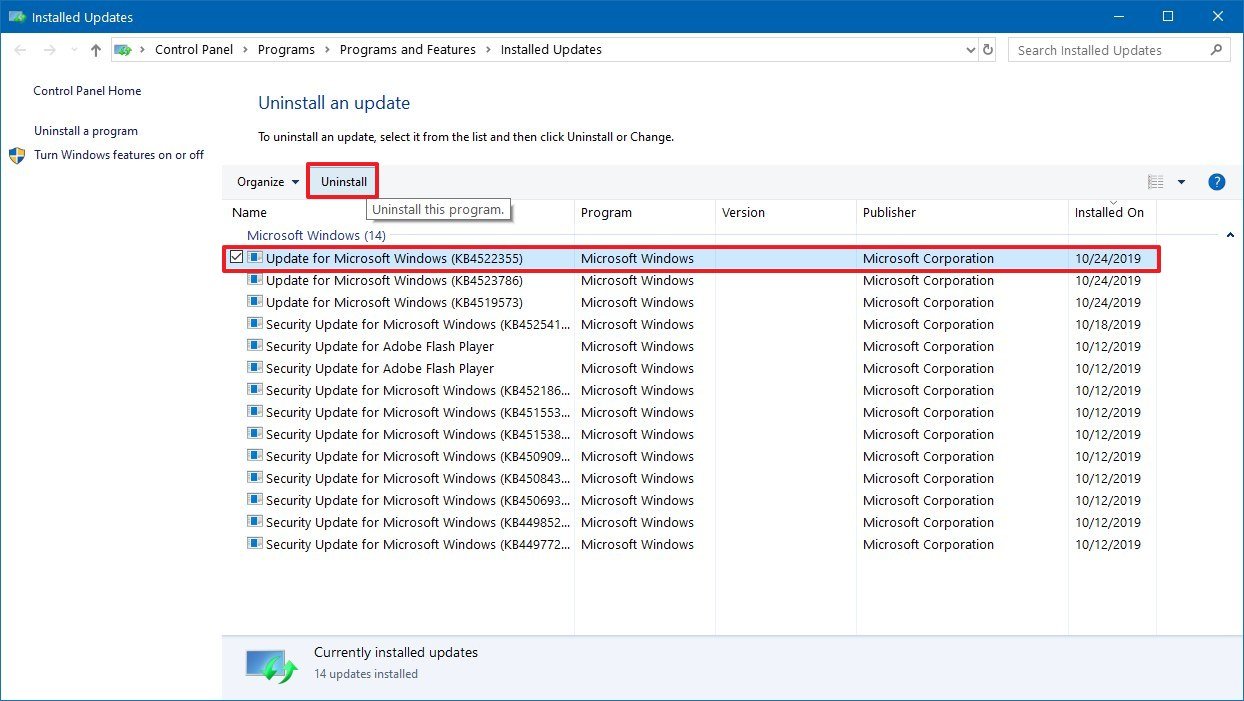 Uninstall Windows 10 updates