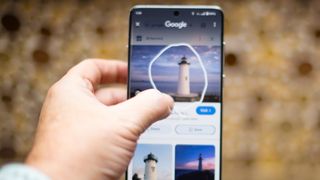 OnePlus 13 with Google's Circle To Search scanning for a lighthouse