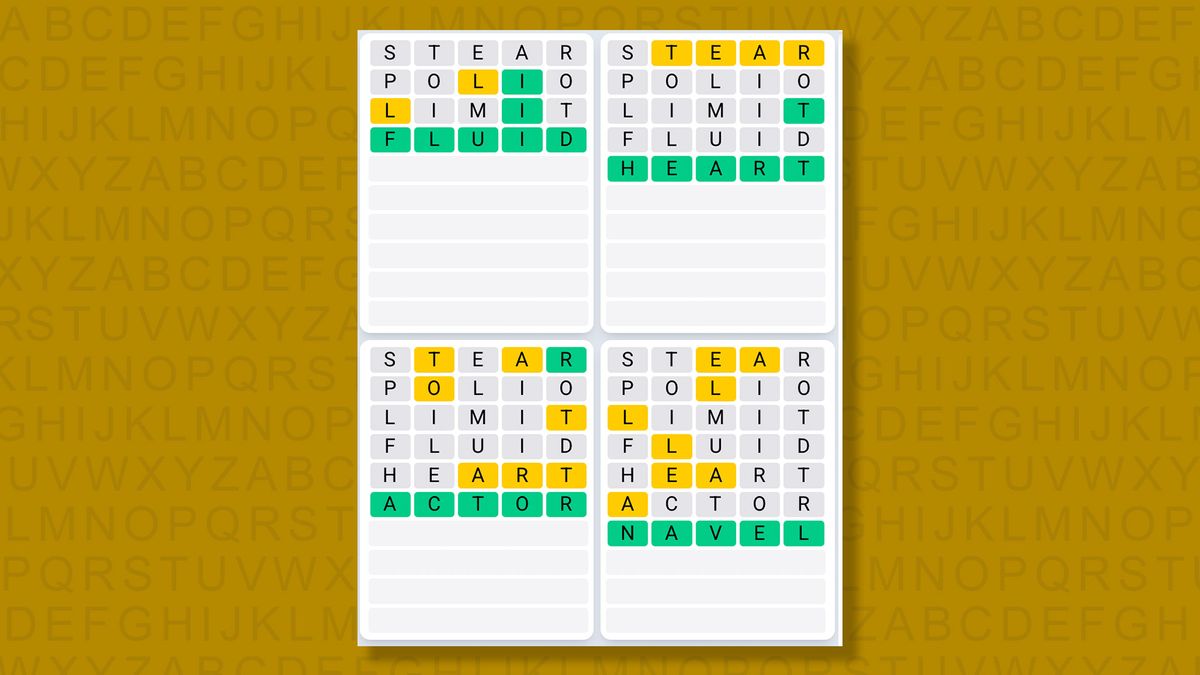 Quordle Daily Sequence answers for game 1578 on a yellow background