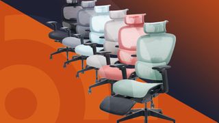 ErgoTune Joobie office chairs in different colours on an orange and blue background