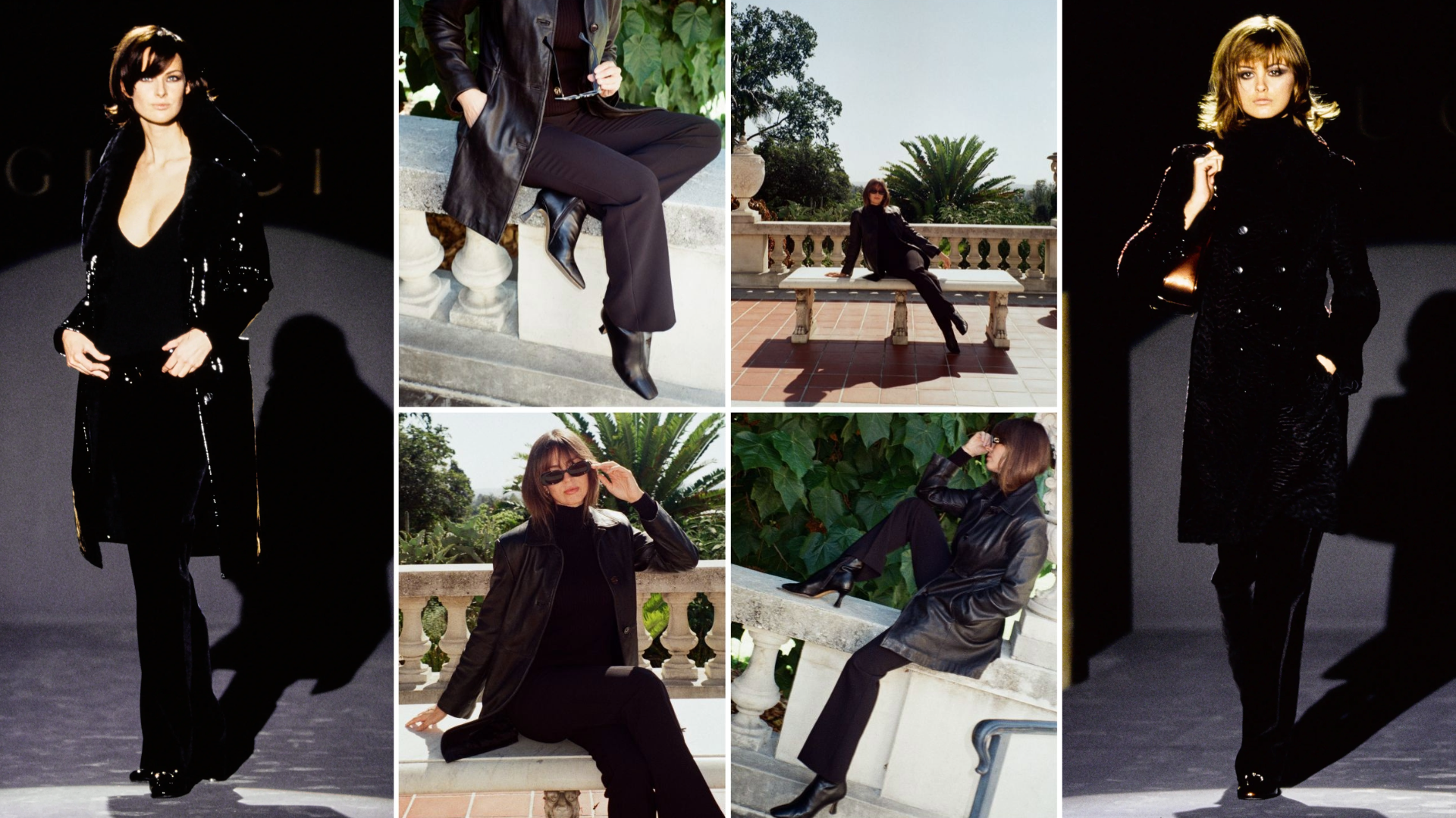 Split image of two models from Gucci fall 1995 show and kathryn zahorak modeling black pants, black boots, and black top