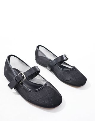 Asos Design Lou Mesh Mary Jane Ballet Flats in Black