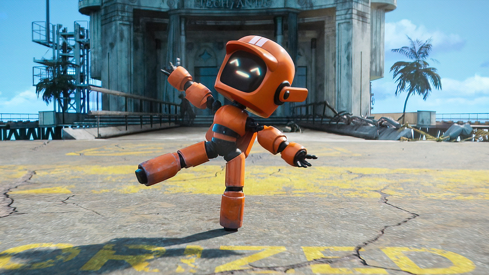 An animated robot smiles 