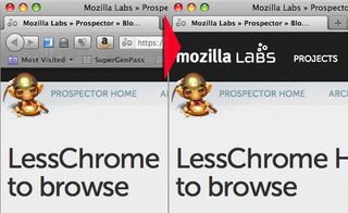 Mozilla's experimental LessChrome HD add-on only shows the address bar when the user mouses over a window tab