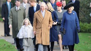 Savannah Phillips, Autumn Phillips, Prince Harry, Prince Charles, Prince of Wales, Princess Eugenie and Camilla, Duchess of Cornwall attend a Christmas Day church service