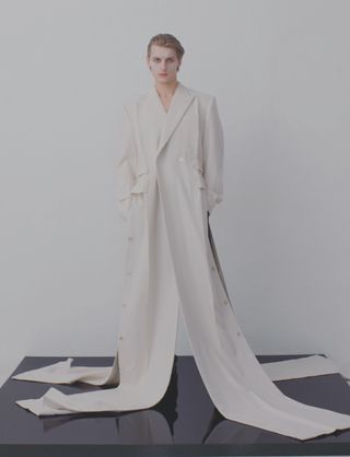 Setchu x Davies and Son long white coat on model