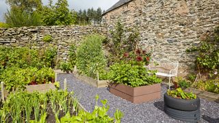 Raised garden beds in kitchen garden in different materials