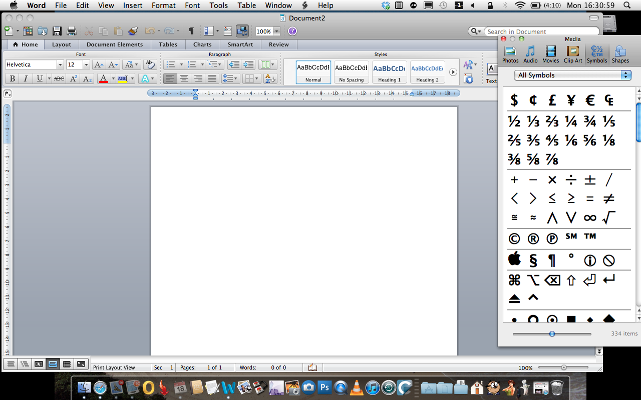 Inserting a symbol using the media palette in Microsoft Word 2011 for Mac