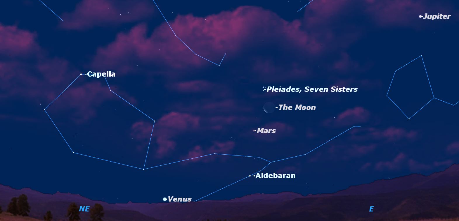 Early risers in mid-June 2011 will see a beautiful array of bright objects on the northeast horizon: the planets Venus, Jupiter, Mars; stars Aldebaran and Capella; and the bright star cluster Pleiades. 