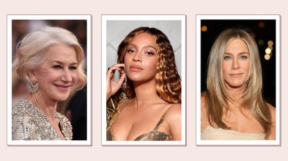 A collage of blonde hair ideas featuring Helen Mirren, Beyoncé and Jennifer Aniston all pictured with blonde hair in a cream template