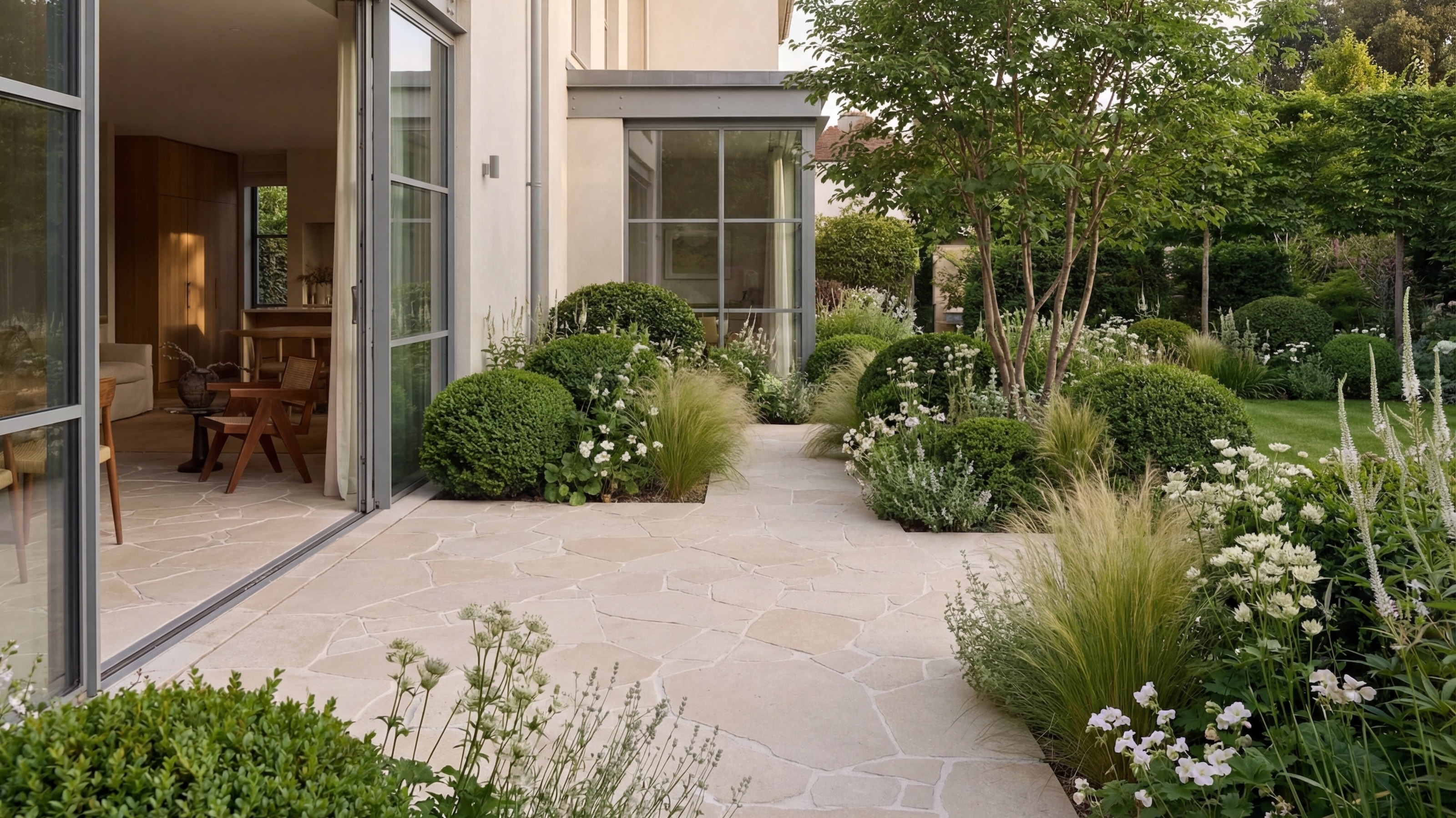 patio area with limestone tiles and plenty of planting
