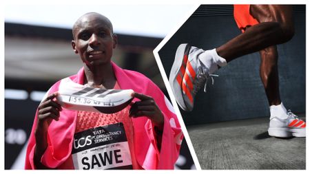abastian Sawe of Team Kenya celebrates with his adidas shoe after winning with a new World Record time during the Men&rsquo;s 2026 TCS London Marathon on April 26, 2026 in London, England. 
