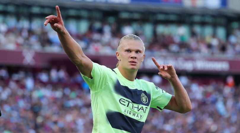 Erling Haaland celebrates after scoring for Manchester City on his Premier League debut against West Ham.