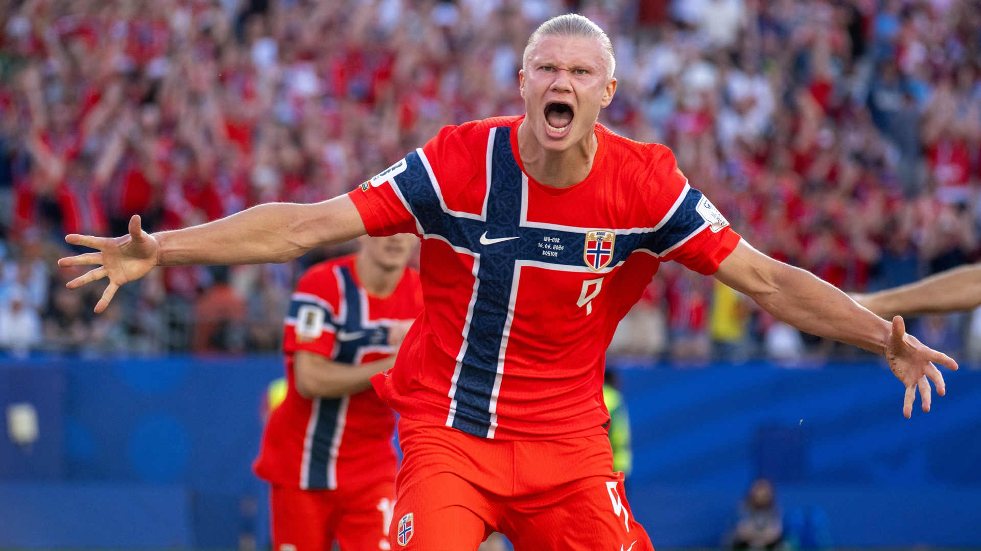 Erling Haaland of Norway celebrates his goal during the FIFA World Cup 2026 Group I match between Iraq and Norway at Boston Stadium on June 16