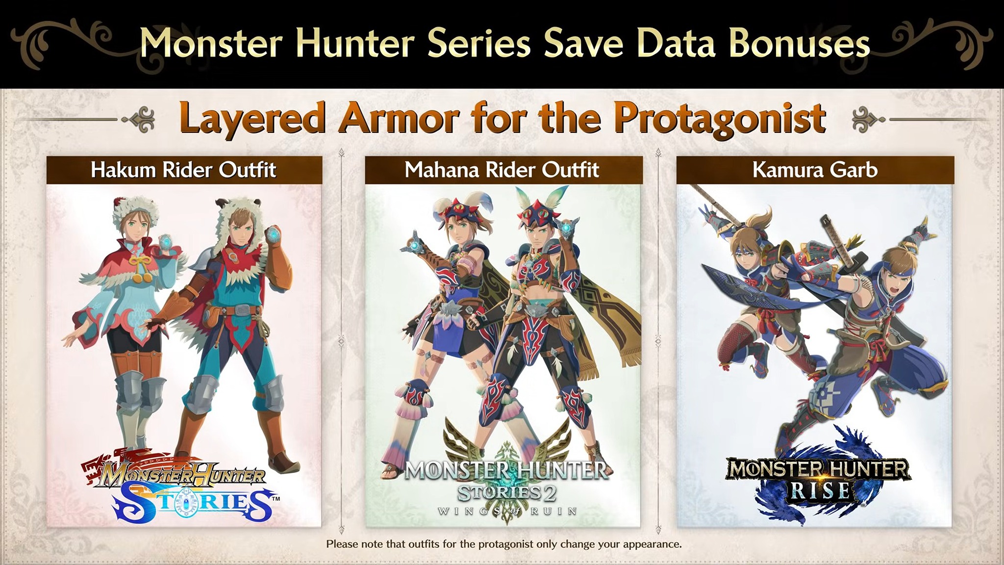 Save-data bonus Layered Armor sets for Monster Hunter Stories 3: Twisted Reflection