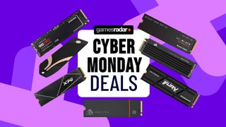 Cyber Monday PS5 SSD deals on a purple background