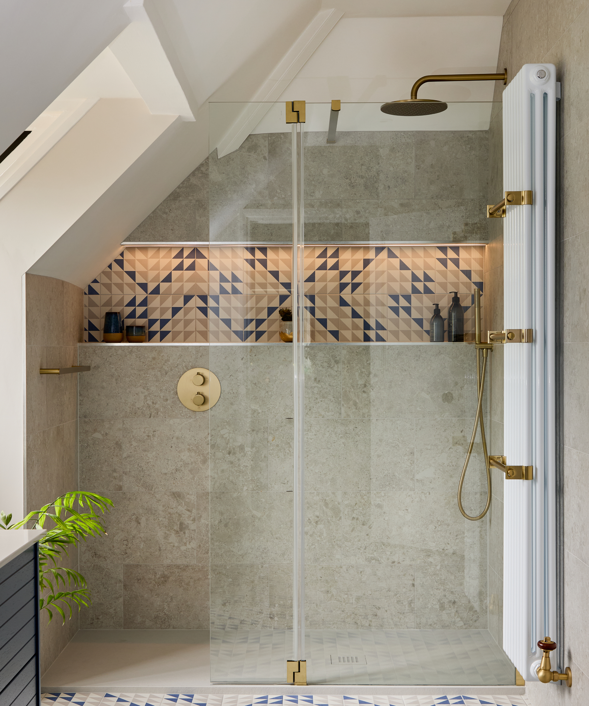 walk in shower with large tiled shower niche in wall