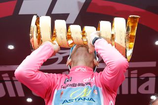 Vincenzo Nibali (Astana) kisses the Giro d'Italia trophy