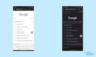 Two screenshots of Google Search in Chrome on an Android device. The left screenshot shows the light mode version of the home page, while the right screenshot shows the same page in dark mode.