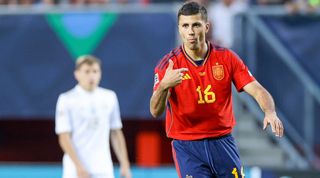 Rodri of Spain gestures during the UEFA Nations League 2022/23 semi-final match between Spain and Italy at FC Twente Stadium on June 15, 2023 in Enschede, Netherlands.