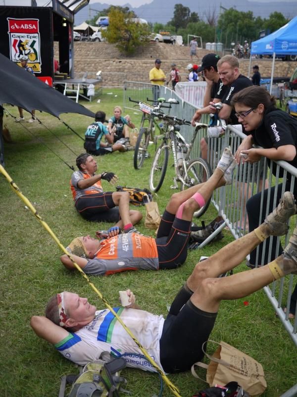 Just like Waffle House, shattered, scattered, and battered....riders begin the recovery process for tomorrow.
