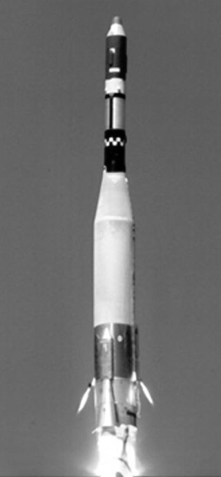 This NRO-provided image shows the launch of the GAMBIT 1 spy satellite on Mission G13 on Oct. 23, 1964 from Vandenberg Air Force Base, Calif.Base