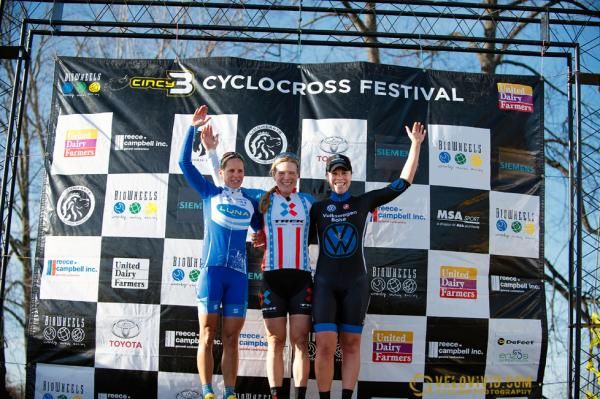 The women's podium (L-R): Katerina Nash, Katie Compton and Amanda Carey