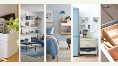 A compilation image of different rooms in the house that are all clear and tidy to demonstrate the use of the best decluttering methods professionals use
